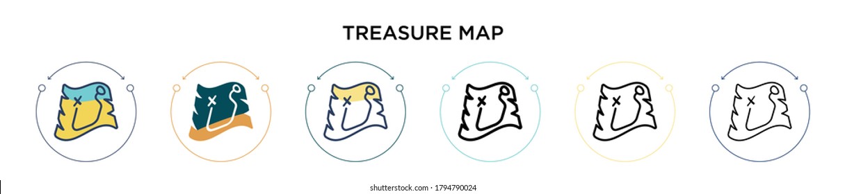 Treasure map icon in filled, thin line, outline and stroke style. Vector illustration of two colored and black treasure map vector icons designs can be used for mobile, ui, web
