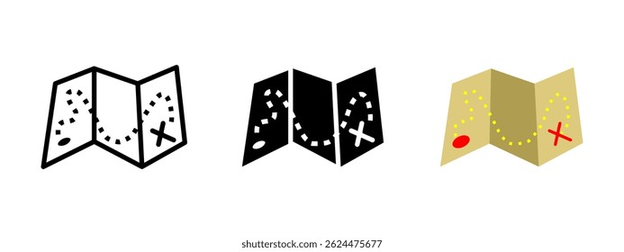 Treasure map icon. Folded paper map with dotted path and red X vector illustration. Adventure navigation and exploration route symbol. Journey, travel and destination guide sign. Old map pictogram.