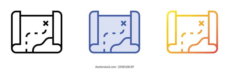 ícone do mapa do tesouro. Design de estilo linear, preenchimento azul e gradiente isolado em plano de fundo branco