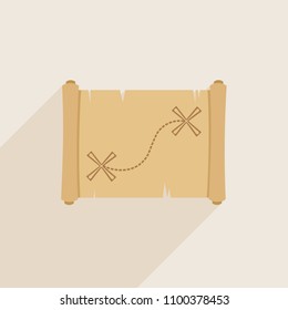 Treasure map icon with pirate path vector icon, pirate map with dotted line and places of destination illustration.