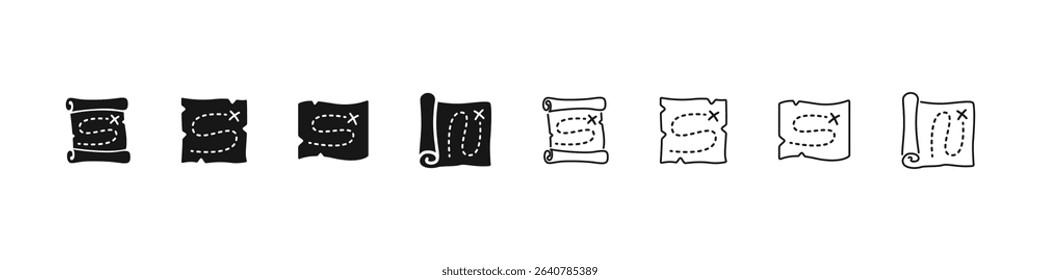 Treasure map icons in outline and flat vector style. Adventure and pirate themed navigation symbol collection set.