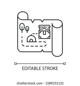 Treasure map linear icon. Ancient manuscript. Old scroll. Treasure chest. Historical artifacts. Pirate gold. Thin line illustration. Contour symbol. Vector isolated outline drawing. Editable stroke