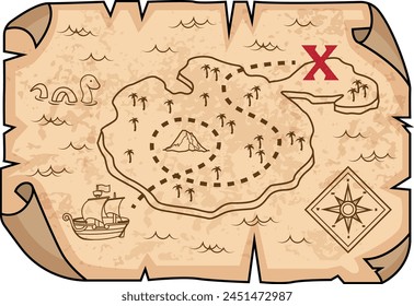 Treasure map with a location marked vector illustration