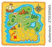 Treasure map maze for kids. Trace the correct path from start to the finish. Pirate island with ship, compass and landmarks. Fun printable logic worksheet for attention and problem solving.