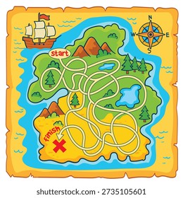 Treasure map maze for kids. Trace the correct path from start to the finish. Pirate island with ship, compass and landmarks. Fun printable logic worksheet for attention and problem solving.