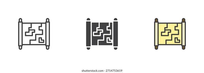 Schatzkarte mittelalterliche Abenteuer verschiedenen Stil Symbol-Set. Linie, ausgefüllte Kontur und einfarbiges Vektorsymbol. Questsymbol, Erkundungszeichen, Piraten- und Fantasieikone.