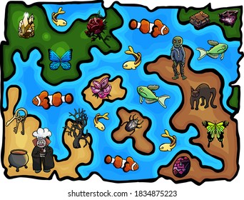 Treasure map, ocean, islands and fish, cartoon, isolated, torn edges, border, treasures, pirates, for children, childhood, surprise, childhood, emotional, happy, joy, game, play, sea, islands, land
