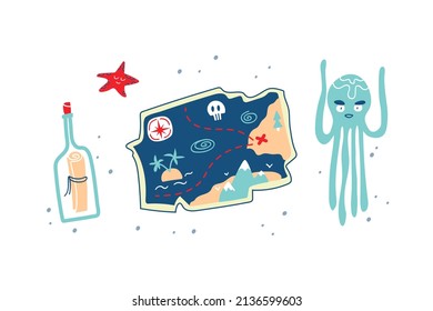 Treasure map. Octopus. Bottle with a note. Starfish. Pirate marine theme. Vector illustration. Cartoon style. Flat. Art for children. White background. Set. Individual elements 
