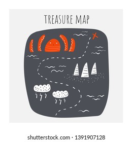 Treasure map with octopus, clouds, storm, riffs, ship route, waves, ocean. Illustration about adventure, tourism, pirates