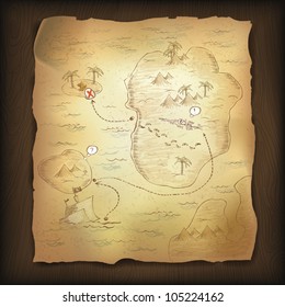 Treasure map on wooden background. Vector, EPS10