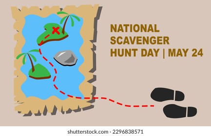 treasure map with pictures of islands, trees and rocks. With a red dotted line leading to a treasure or various random items. commemorating NATIONAL SCAVENGER HUNT DAY | MAY 24. template background 