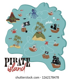 Treasure map. Pirate Birthday Invitation card in cartoon style. Editable vector illustration