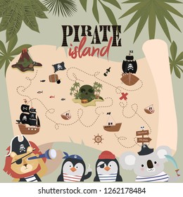 Treasure map. Pirate Birthday Invitation card in cartoon style. Editable vector illustration