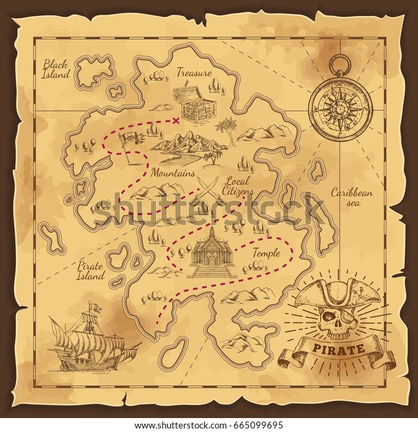 Treasure\
map and pirate emblem sailboat compass and crossed sabers on\
yellowed paper hand drawn vector\
illustration