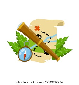 Treasure map. Pirate hidden treasure. Search for adventure and travel. Telescope and compass.