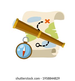 Treasure Map. Pirate Hidden Treasure. Search For Adventure And Travel. Telescope And Compass. Navigation And Path. Flat Cartoon Icon