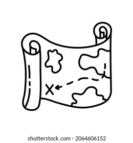 Treasure map. Pirate item sketch. Doodle hand drawn illustration. Vector line icon