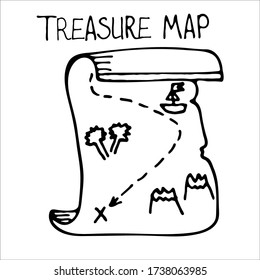 Mapa del tesoro. emblemas de los piratas. Ilustración dibujada a mano al estilo Doodle. Ilustración del vector