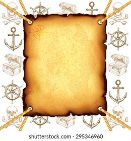 Treasure map and pirates symbols photo realistic vector background