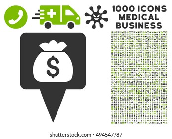 Treasure Map Pointer icon with 1000 medical commerce eco green and gray vector pictographs. Collection style is flat bicolor symbols, white background.