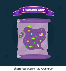 Treasure Map Pop Up Window Old Cute Cartoon Colorful Purple Paper And Ribbon Pirates  Trees Levels Stars Blue Chest Vector Design