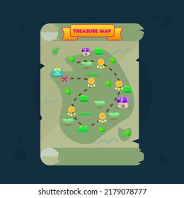 Treasure Map Pop Up Window Old Cute Cartoon Colorful Green Paper And Purple Ribbon Pirates Trees Levels Stars Blue Chest  Purple Fairy Houses Vector Design