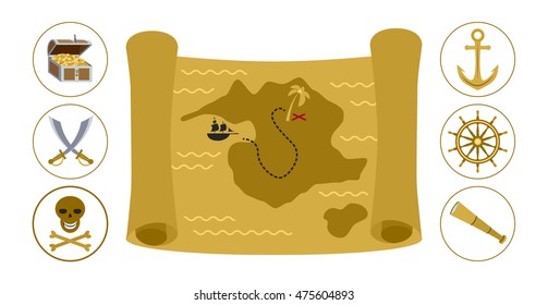 Treasure map and round pirate icons flat vector illustration