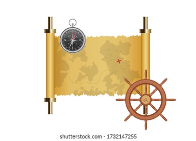 Treasure map, ship wheel and magnetic compass vector illustration