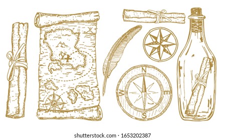 Treasure Map Sketch Adventure Items Compass Stock Vector Royalty Free   Treasure Map Sketch Adventure Items 260nw 1653202387 