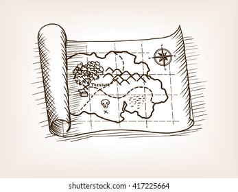 Treasure Map Sketch Style Vector Illustration. Old Engraving Imitation. 