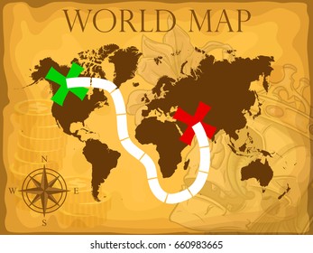 Treasure map, skull, gold, vector illustration