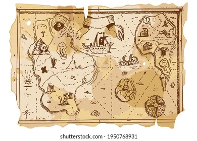 Treasure map vector cartoon hand drawn illustration.