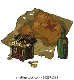 Treasure Map. The vector illustration of treasure map with chest and bottle of rum