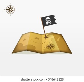 Treasure map vector illustration with coordinates, pirate flag symbol flat icon, skull crossbones, vintage compass badge, location, old retro ancient earth logo concept, isolated design ribbon label