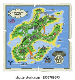 Treasure map vector pirate adventure on island navigation in ocean illustration backdrop, piratic plan with start finish to travel by compass background exploration game wallpaper.