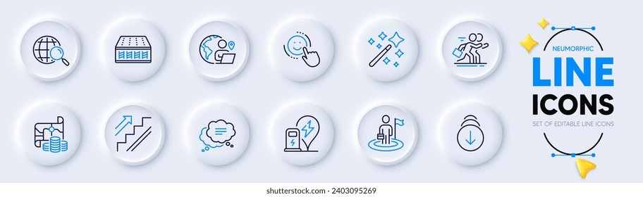 Treasure map, Web search and Scroll down line icons for web app. Pack of Outsource work, Competition, Stairs pictogram icons. Charging station, Text message, Leadership signs. Mattress. Vector
