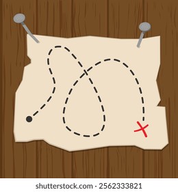 Treasure map with x marking the spot nailed to a wooden surface with two nails. Vector illustration