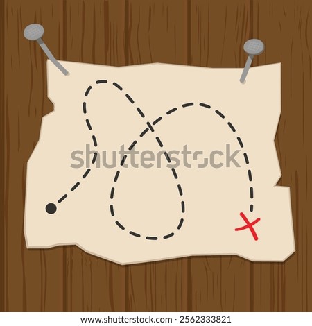 Treasure map with x marking the spot nailed to a wooden surface with two nails. Vector illustration