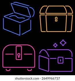 treasure neon icon group, vector illustration on black background.