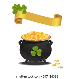 Treasure pan with lucky shamrock pattern. Vector illustration, isolated on a white