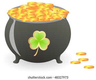 Treasure pan with lucky shamrock pattern. Vector illustration, isolated on a white