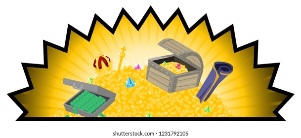 Treasure pile design element cartoon, vector, horizontal, over white, isolated