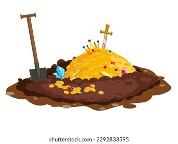 Treasure pile full of treasures, gold coins, Digging Hole in the ground,