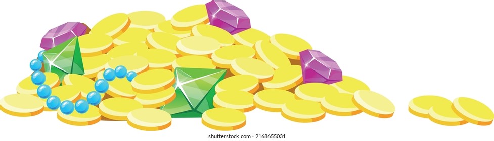 Treasure pile. Golden coins and precious gem in casual game style isolated on white background