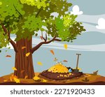 Treasure pile under oak tree, full of treasures, gold coins, Digging Hole in the ground,