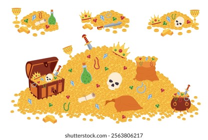 Treasure piles. Treasure piles of gold and jewels. Piles with coins and gems.