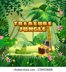 Treasure Pirate chest full of gold coins gems crown sword. Jungle tropical forest palms different exotic plants leaves, flowers, lianas, flora, rainforest landscape background. For design game, apps