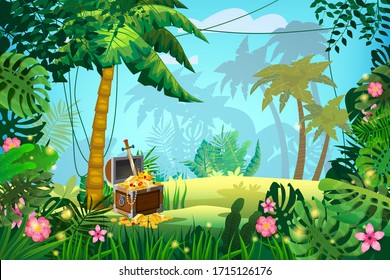 Treasure Pirate chest full of gold coins gems crown sword. Jungle tropical island forest palms different exotic plants leaves, flowers, lianas, flora, rainforest landscape background. For design game