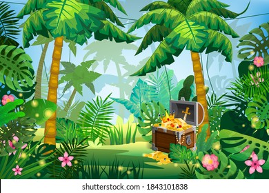 Treasure Pirate chest full of gold coins gems crown sword. Jungle tropical island forest palms different exotic plants leaves, flowers, lianas, flora, rainforest landscape background. For design game