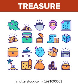 Treasure Pirate Gold Collection Icons Set Vector. Treasure Chest And Bag With Golden Coins, Map With Location And Island, Concept Linear Pictograms. Color Contour Illustrations